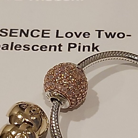PANDORA *RETIRED SS & 14kt Gold ESSENCE LOVE w/Opalescent Pink Crystal 796064NOP - Picture 6 of 14